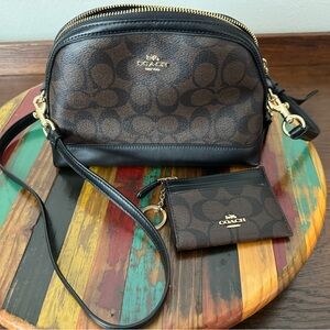 Coach Brown & Black Signature Crossbody with Matching Card Case